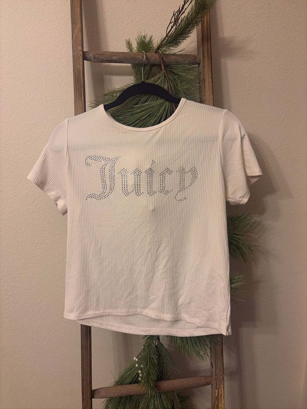 Juicy Couture White Ribbed Rhinestone Logo Sleep T-Shirt